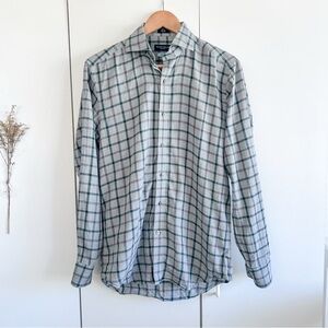 Peter Millar Gray and Green Plaid Long-Sleeve Button-Down Shirt • Sz Small